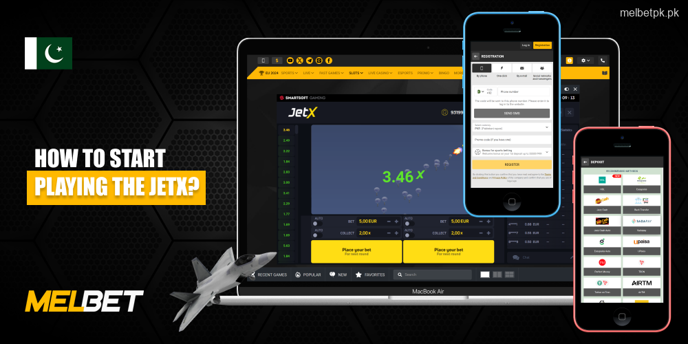 To start playing JetX for real money at Melbet in Pakistan create an account, top up your balance, open the JetX game and place a bet